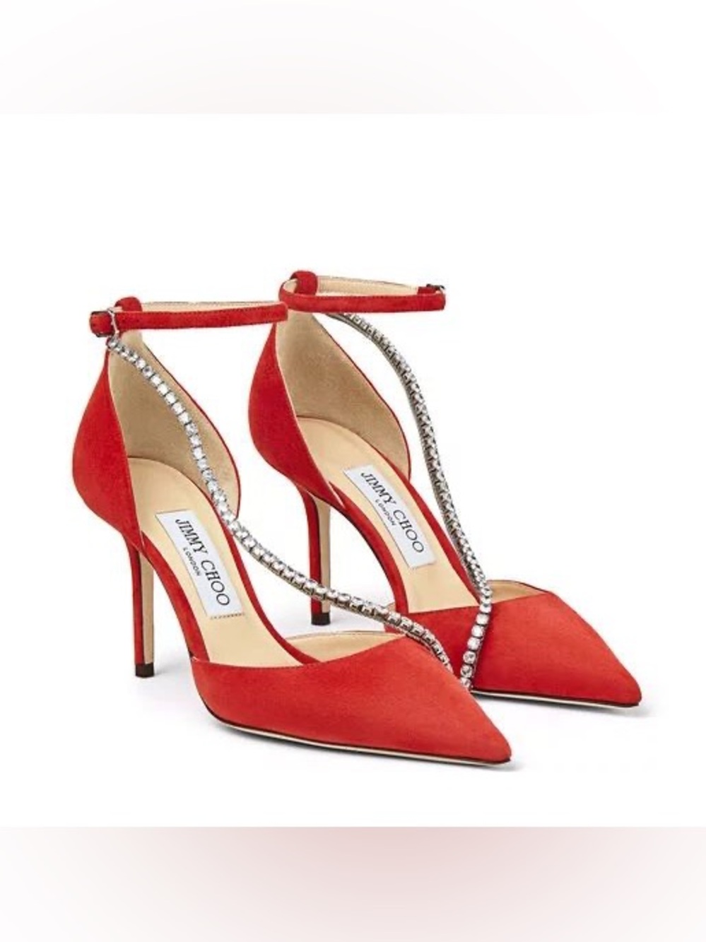 Jimmy Choo Red Suede Crystal-Trim Ankle Strap Pumps, Size 40.